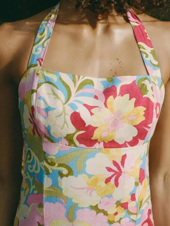 Zara Printed Linen Blend Midi Dress Halter Neck Floral Summer Beachy Size M - Picture 2 of 12